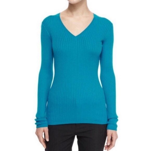 Vince Turquoise Blue Ribbed Rayon Cashmere Blend V Neck Sweater Pullover - Picture 1 of 9